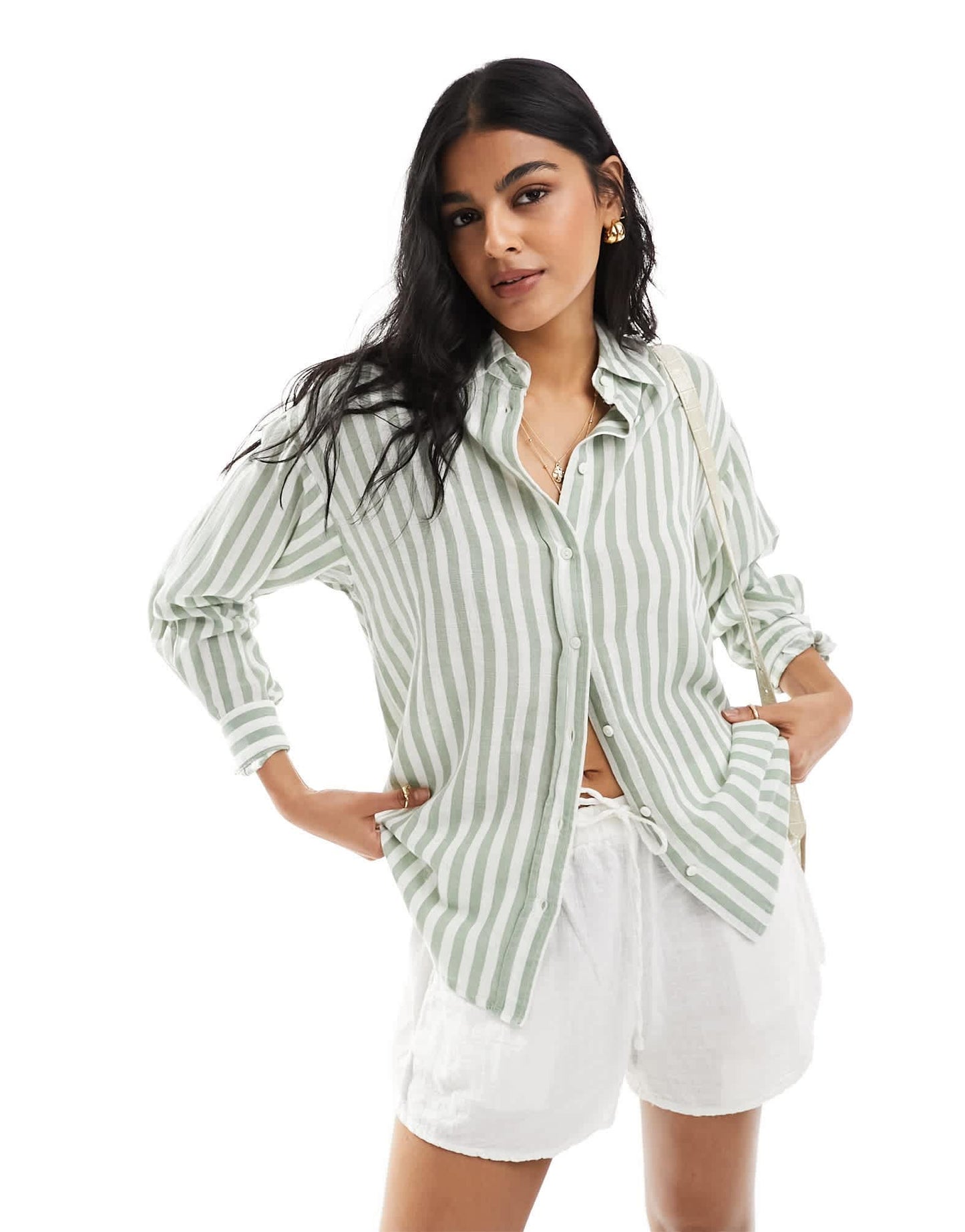 Stradivarius relaxed fit linen look stripe shirt in light green
