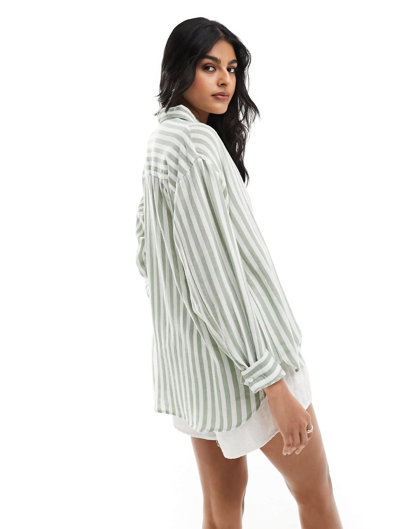 Stradivarius relaxed fit linen look stripe shirt in light green