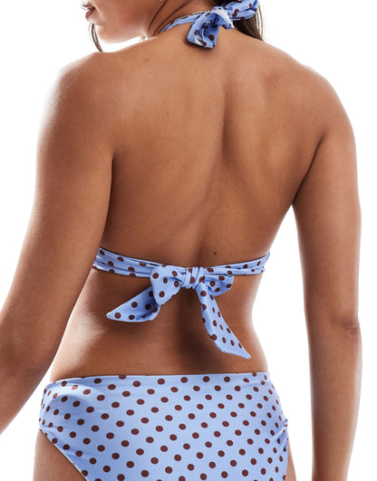 Reclaimed Vintage halter bikini top in blue polka dot print