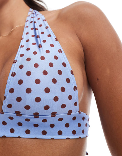 Reclaimed Vintage halter bikini top in blue polka dot print