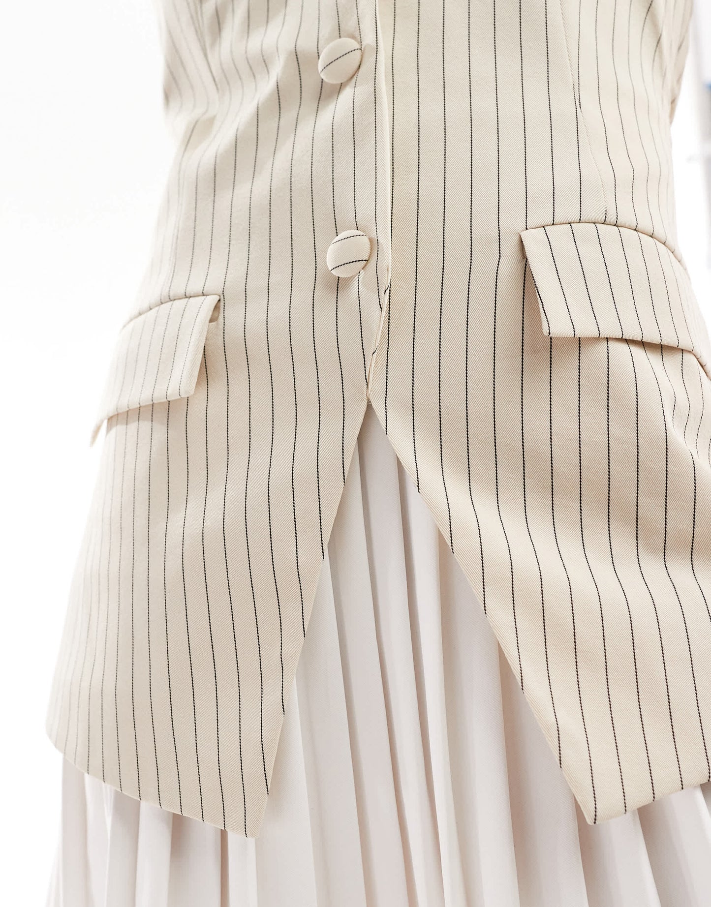 Extro & Vert 2 in 1 waistcoat tailored pleat mini dress in cream pinstripe