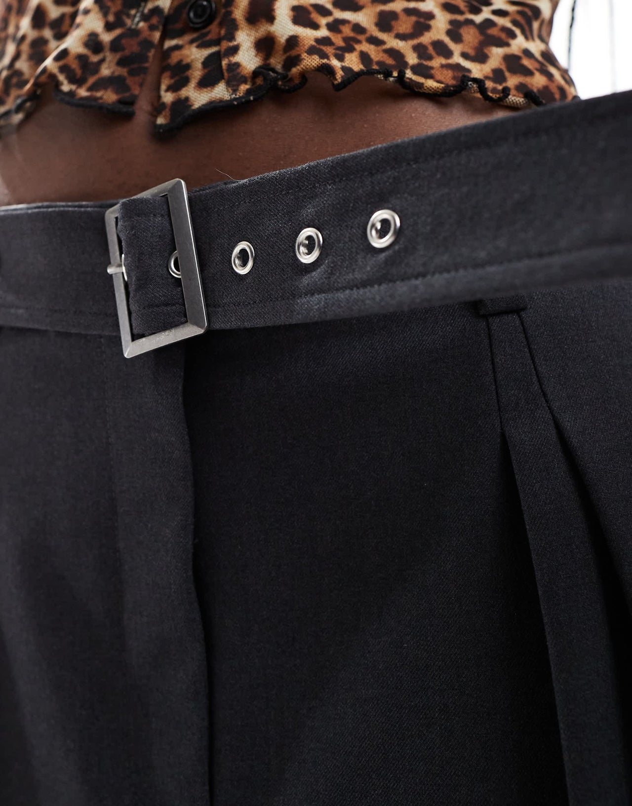 ASOS DESIGN tailored pleated mini skirt with belt detail in charcoal