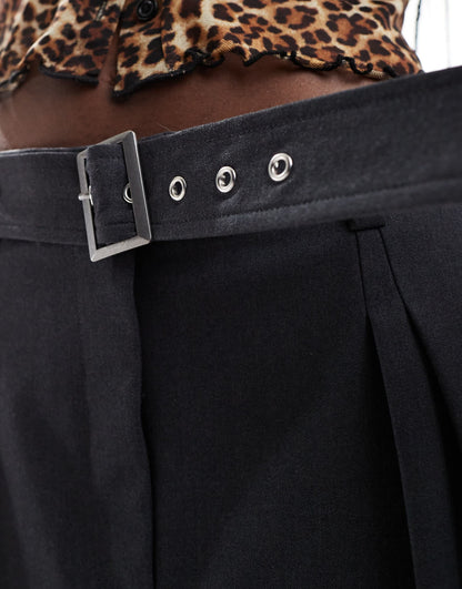 ASOS DESIGN tailored pleated mini skirt with belt detail in charcoal
