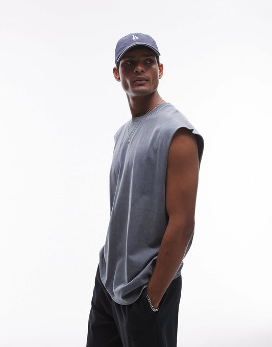 Topman oversized fit sleeveless t-shirt in washed blue