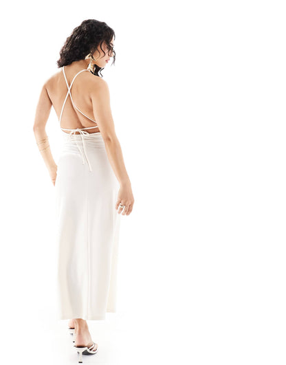 ASOS DESIGN linen look open back halter midi dress in cream