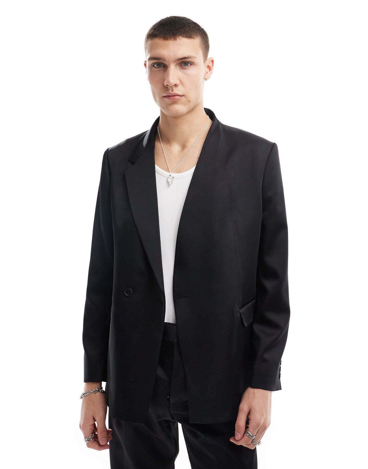 Viggo asymmetric oversized suit jacket in black high shine