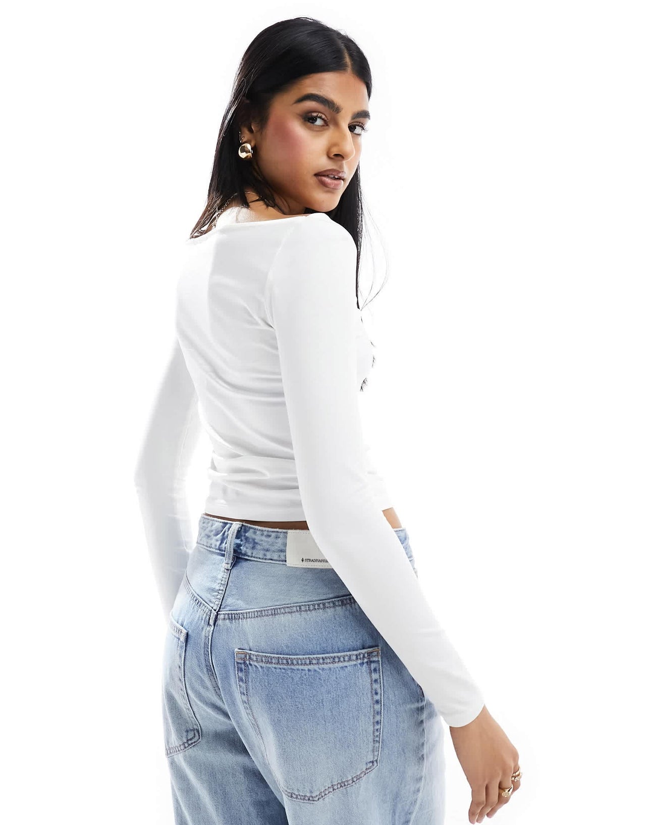 Stradivarius boat neck long sleeve top in white