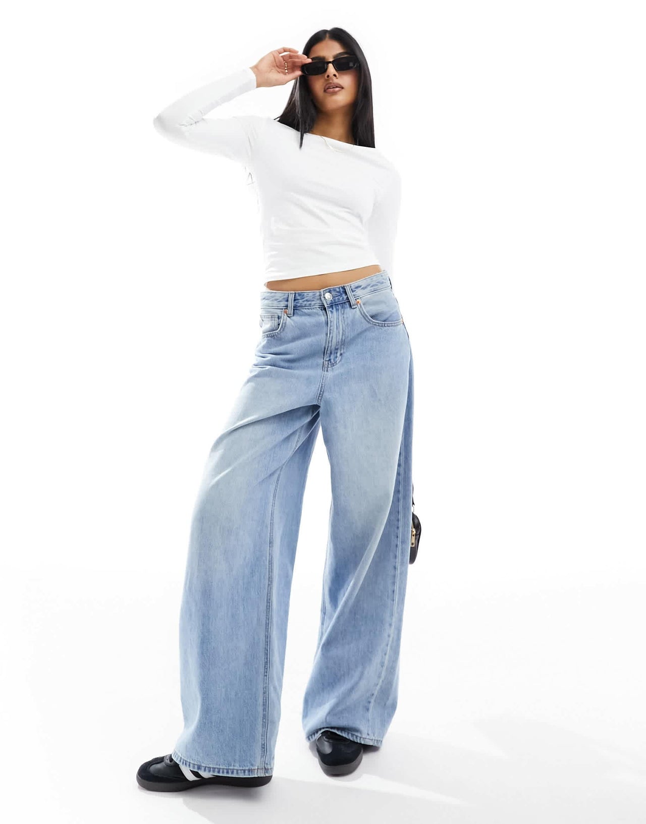 Stradivarius boat neck long sleeve top in white