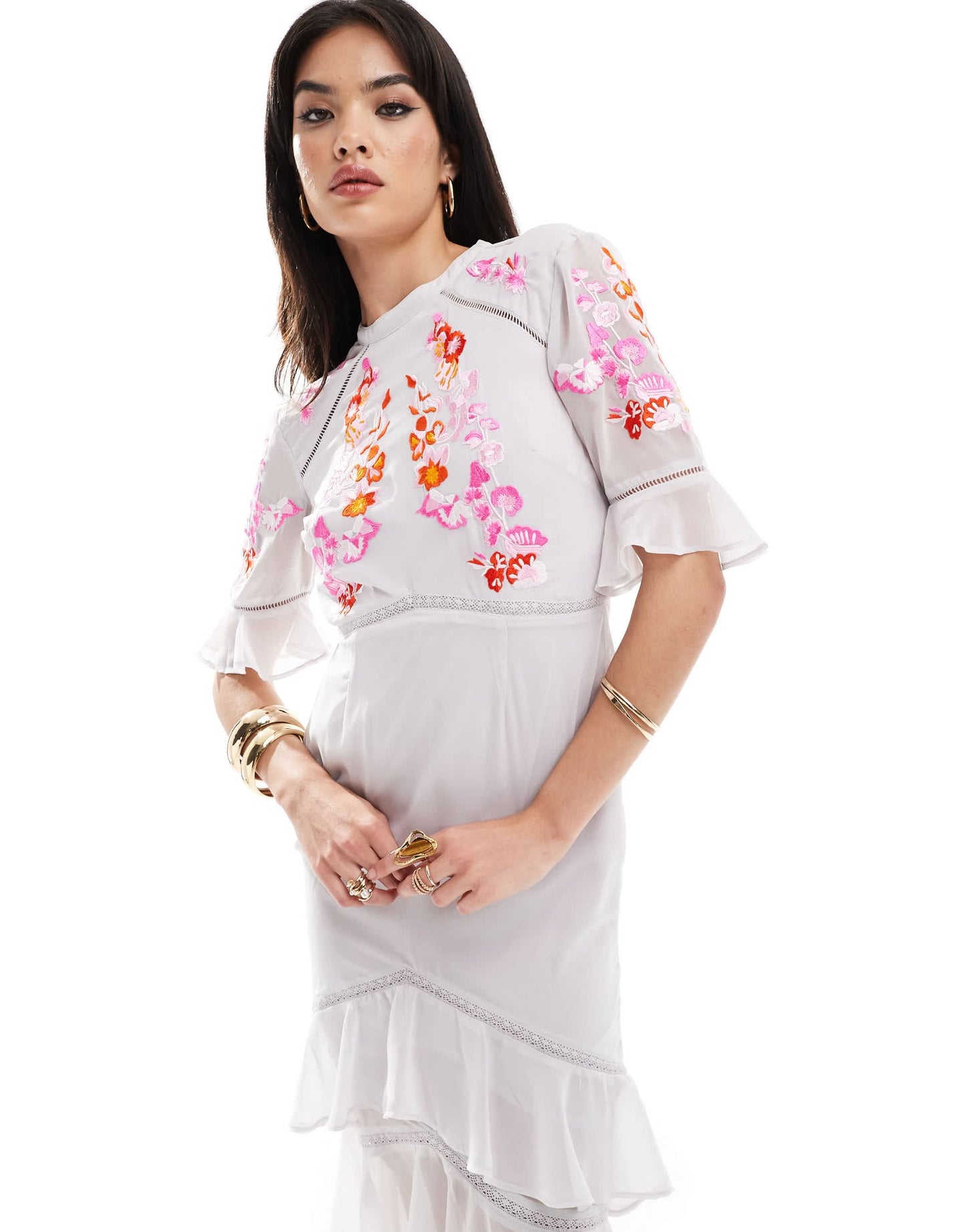 Hope & Ivy tiered midi dress with pephem in grey with red embroidery