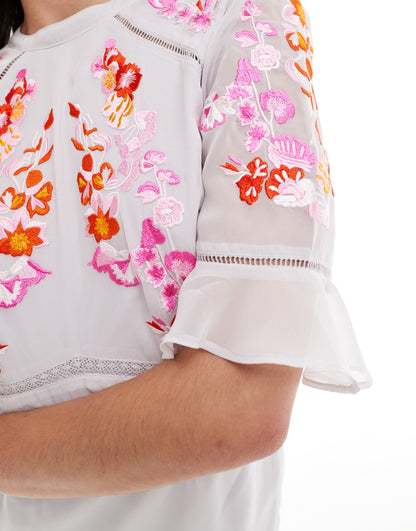 Hope & Ivy tiered midi dress with pephem in grey with red embroidery