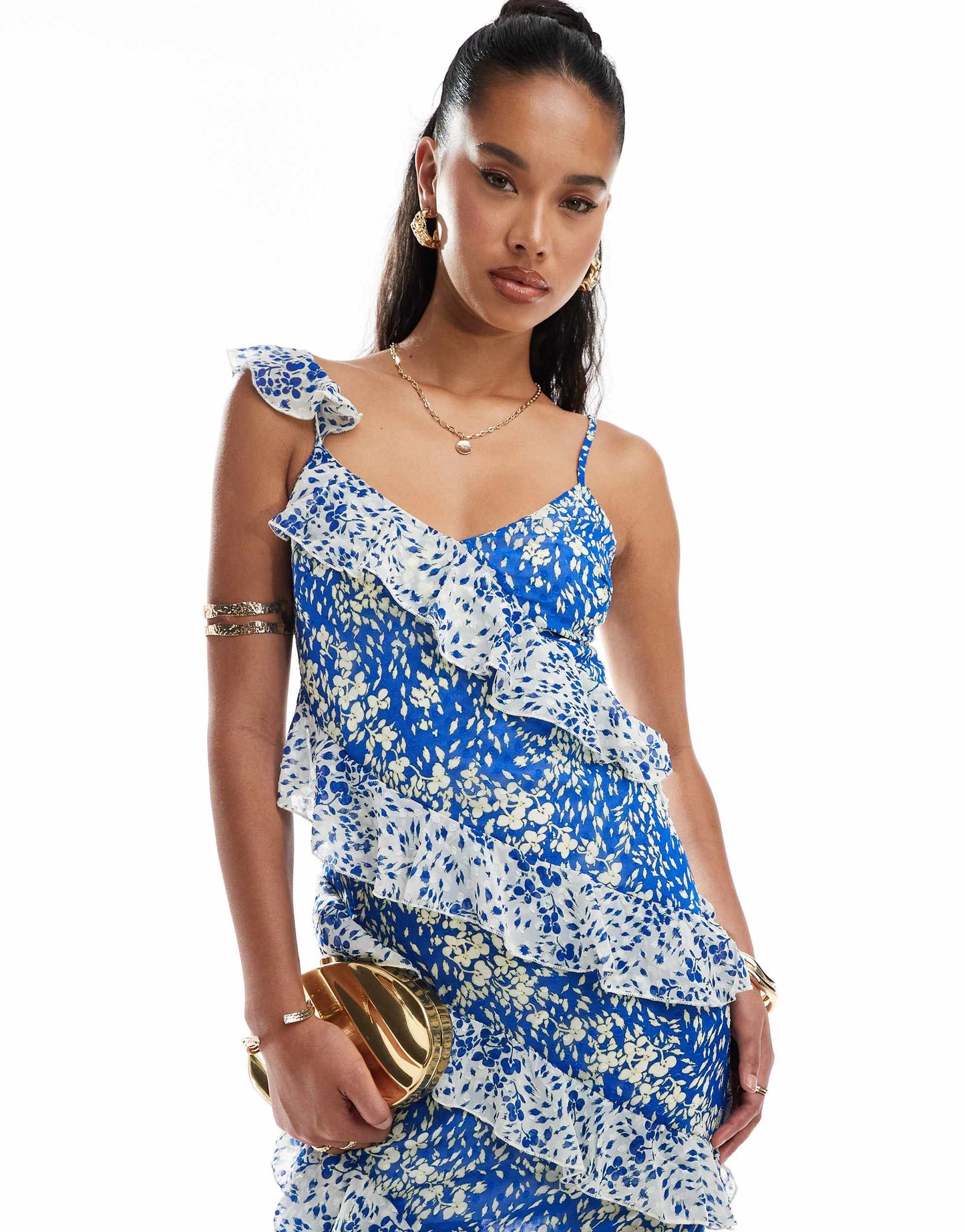 Style Cheat ruffle cami maxi dress in blue & cream floral print