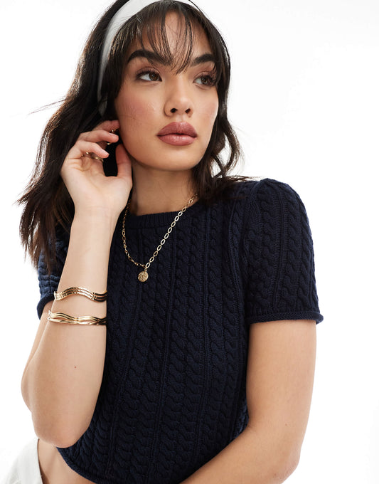 ASOS DESIGN knitted cable baby tee in navy