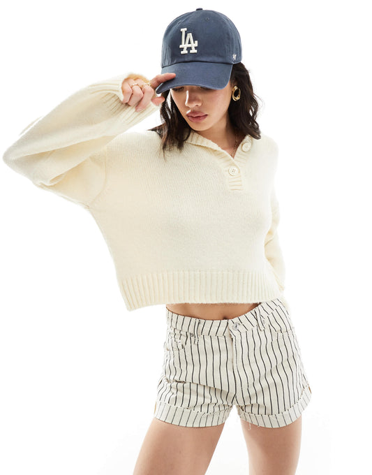 ASOS DESIGN jumper with button collar in cream
