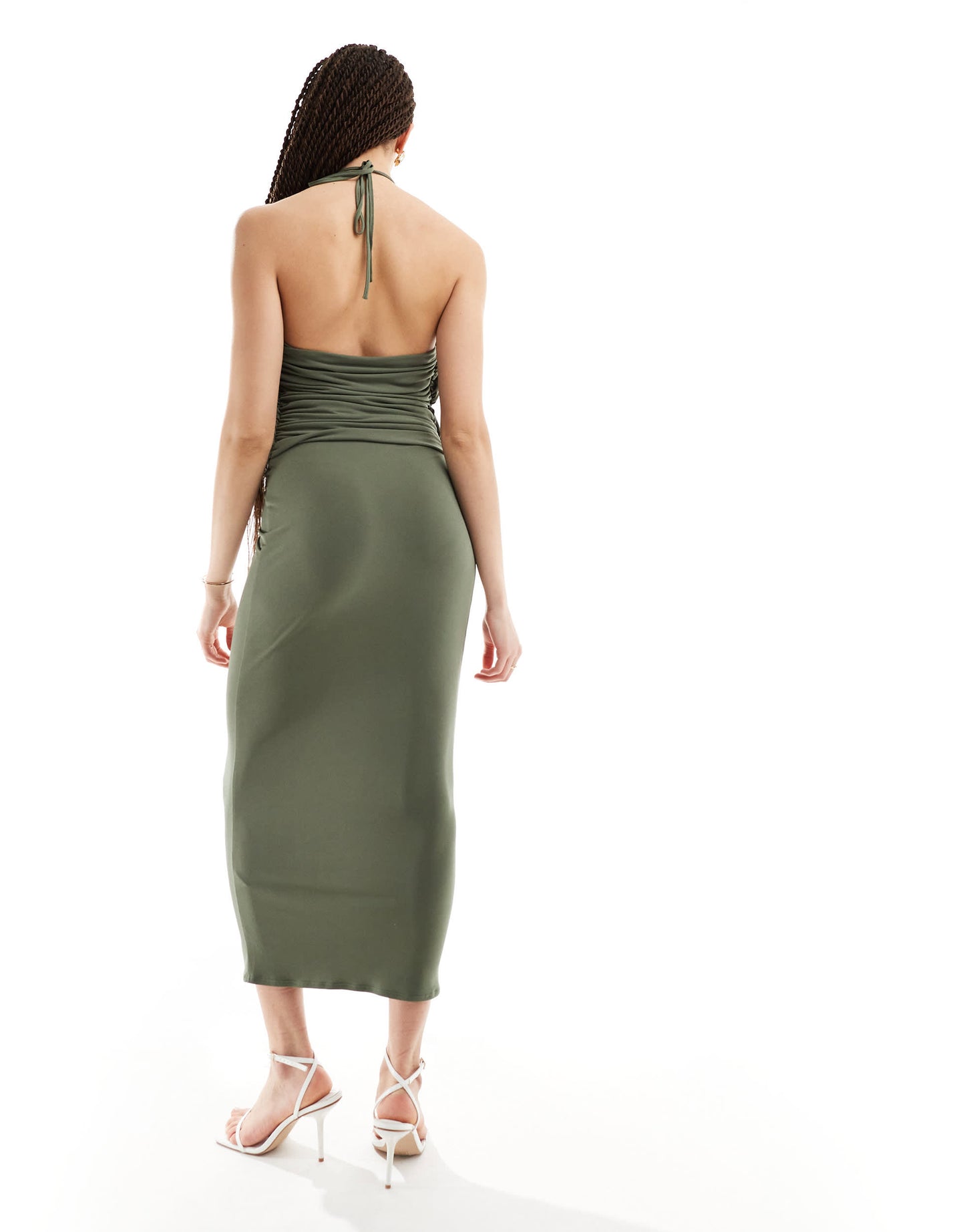 ASOS DESIGN Tall halter ruched midi dress with central cut out detail in soft khaki