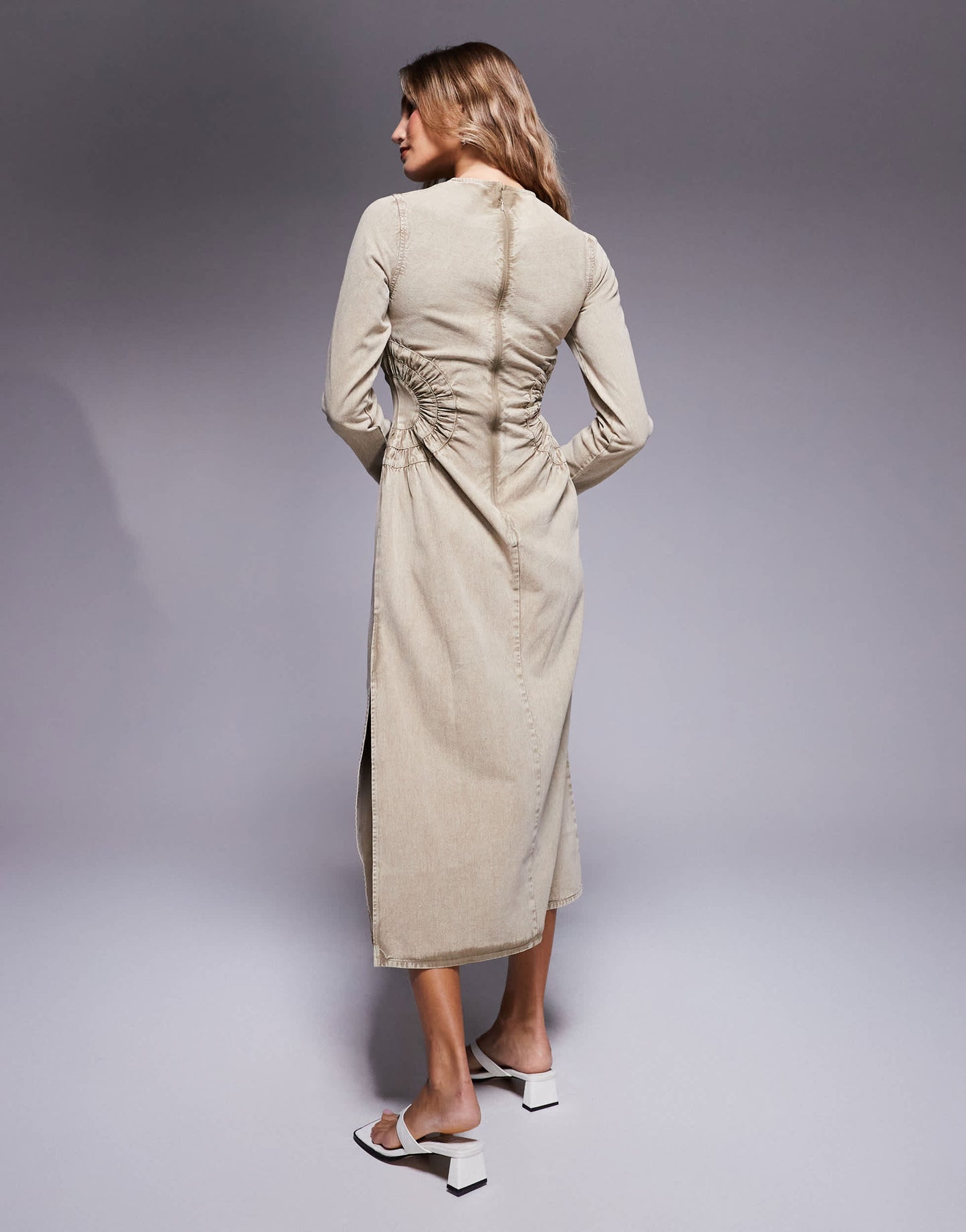 ASOS DESIGN washed twill midi dress with circle side detail in stone acid wash