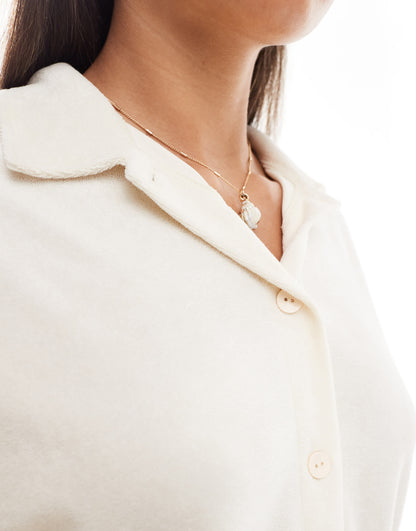 ASOS DESIGN Kelly towelling co-ord beach shirt in cream