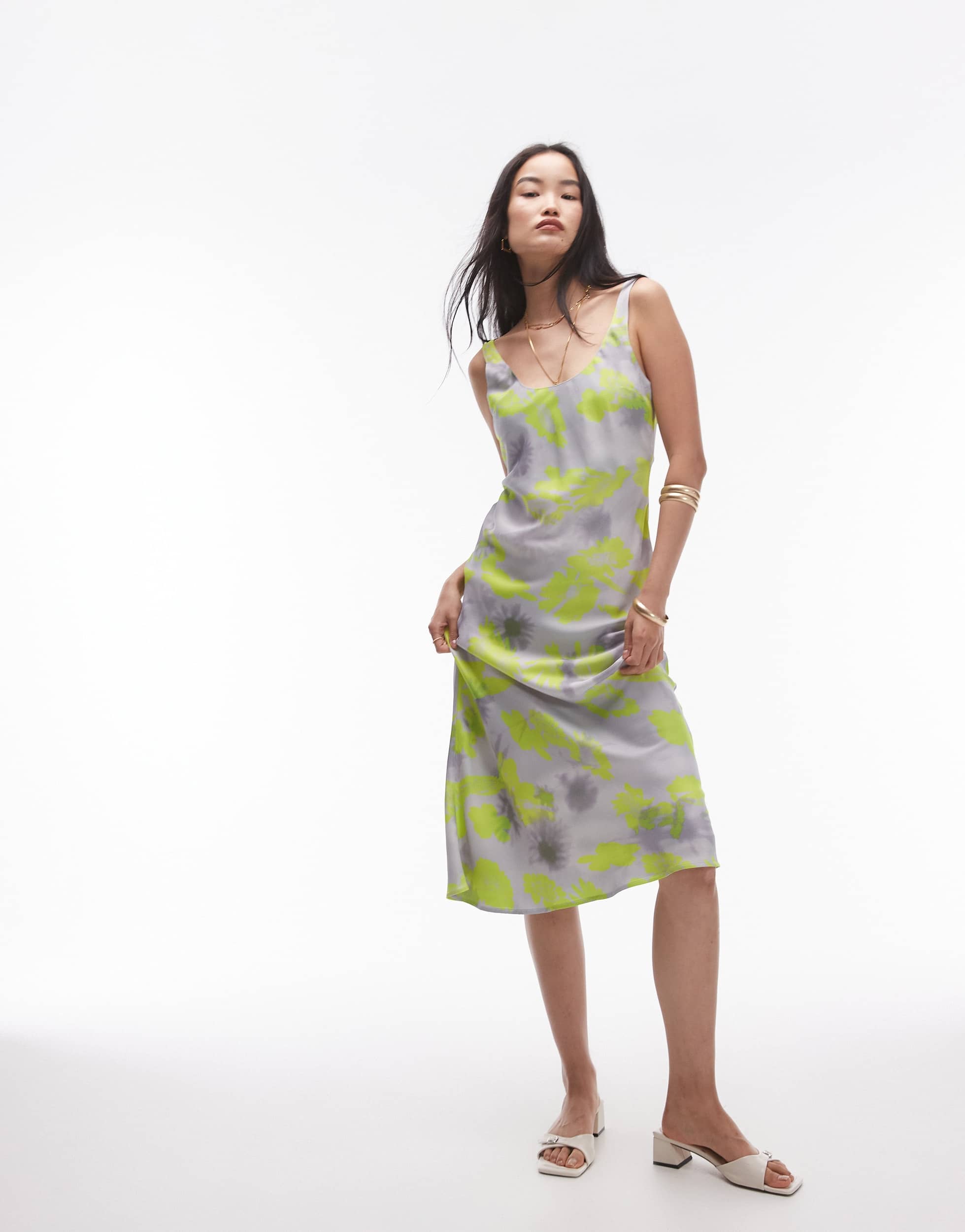 Topshop scoop neck satin slip in abstract floral