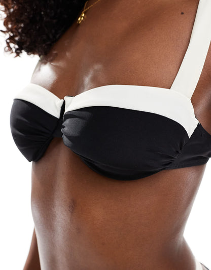 Kaiia exclusive contrast trim cup detail bikini top co-ord in monochrome