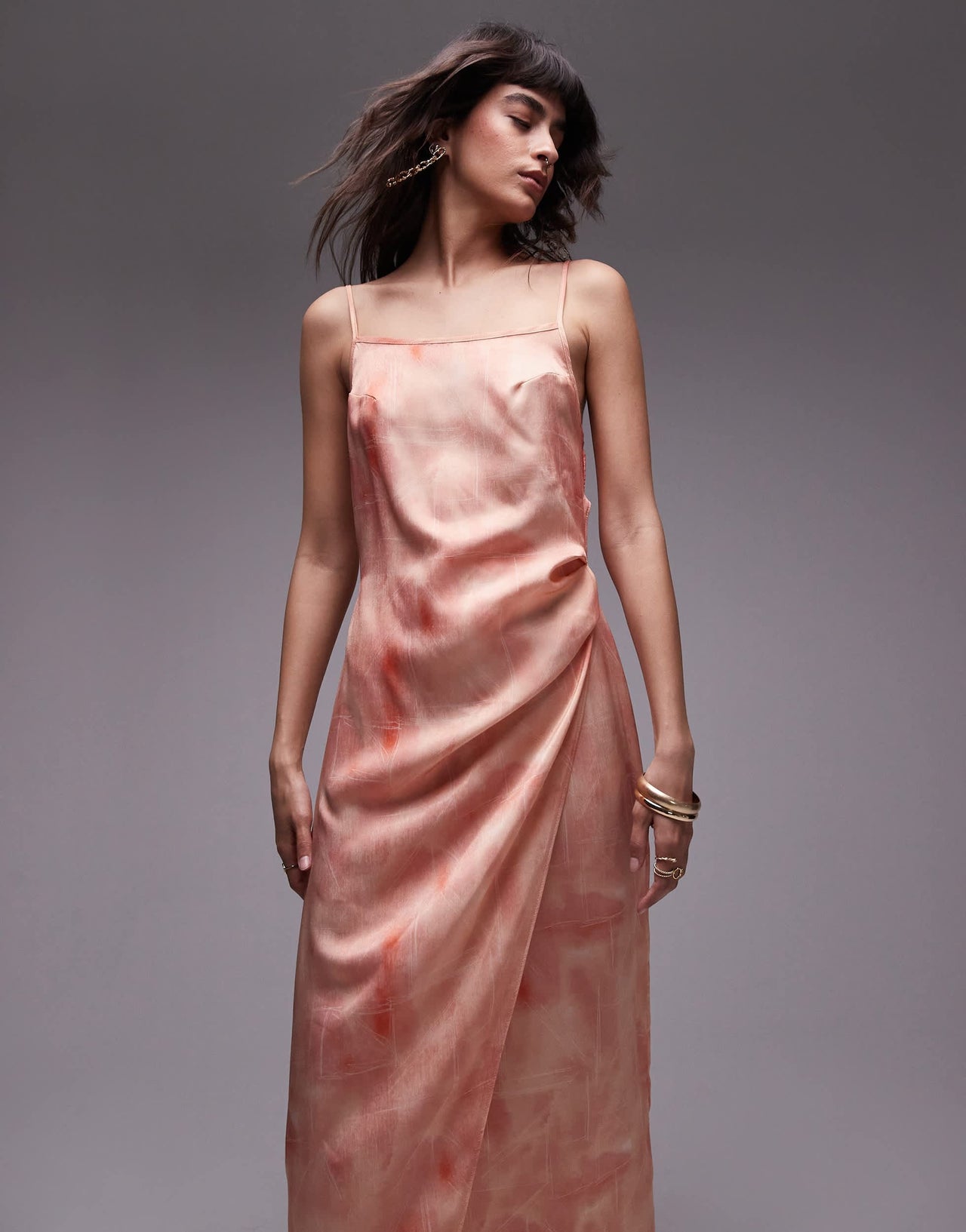 Topshop premium square neck wrap midi slip in dusty pink floral