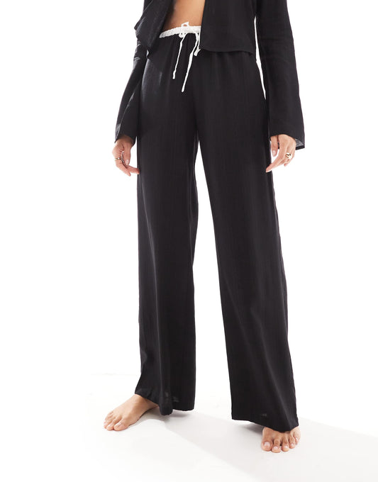 Kaiia exclusive linen contrast trim wide leg drawstring beach trousers co-ord in black