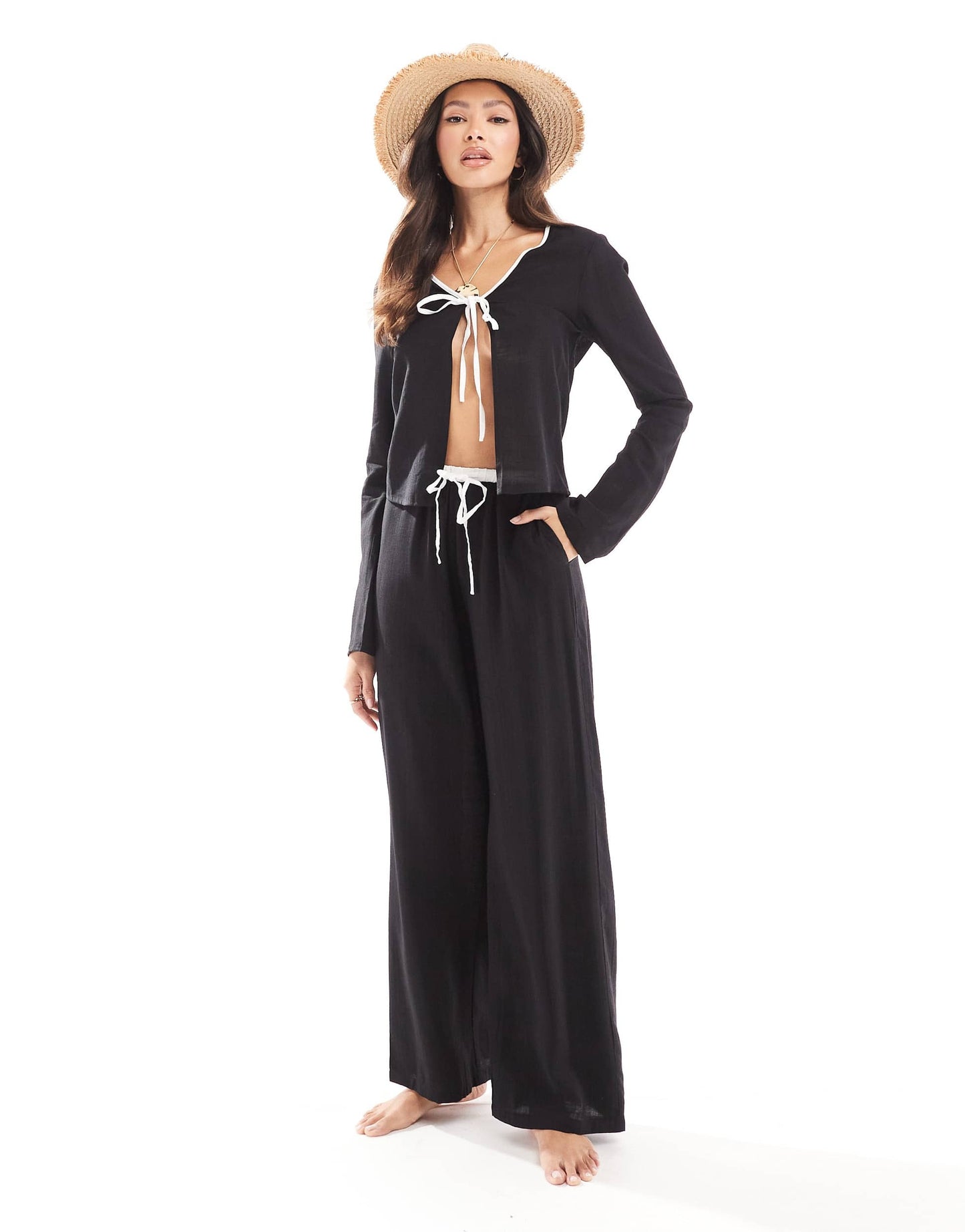 Kaiia exclusive linen contrast trim wide leg drawstring beach trousers co-ord in black