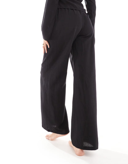 Kaiia exclusive linen contrast trim wide leg drawstring beach trousers co-ord in black