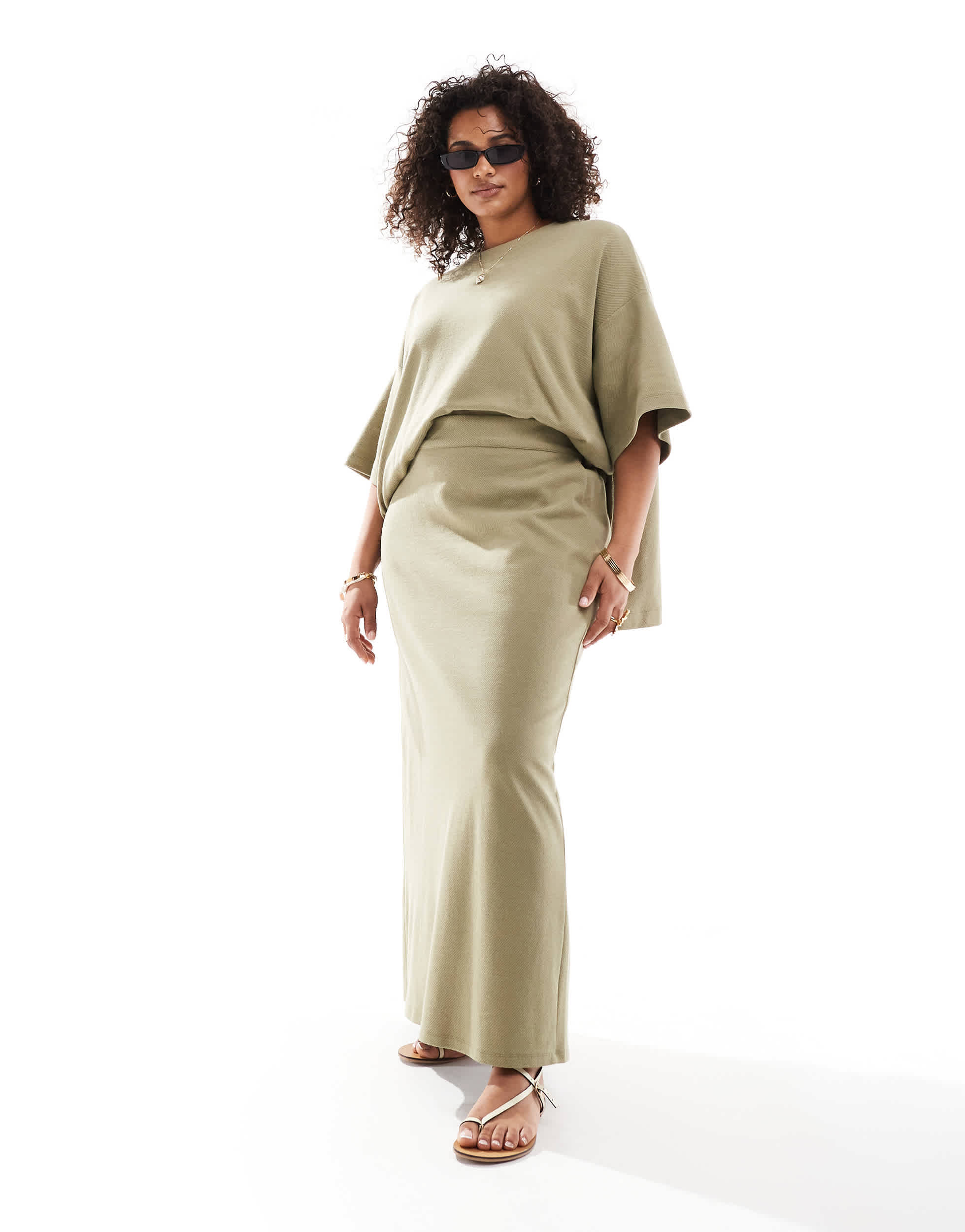 ASOS EDITION Curve premium heavy weight textured jersey column maxi skirt in khaki