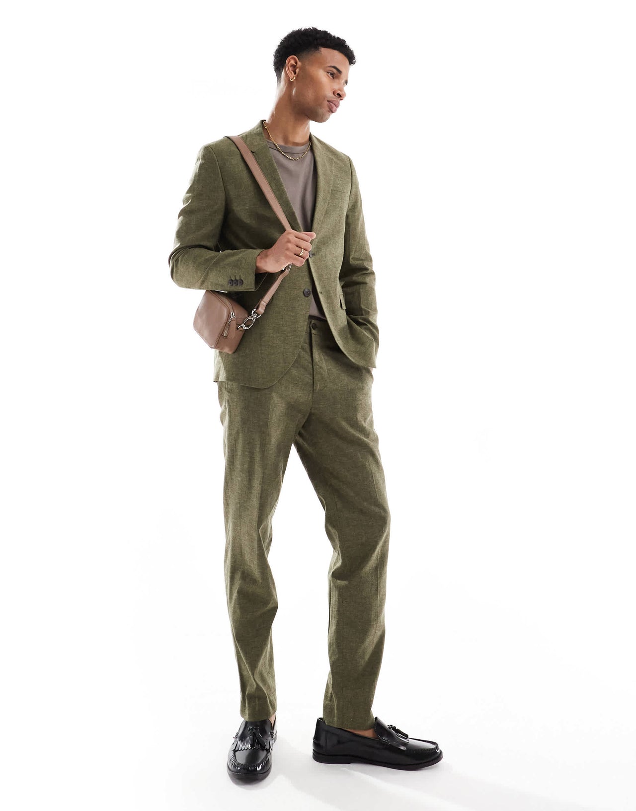 Jack & Jones Premium linen mix suit trouser in olive green