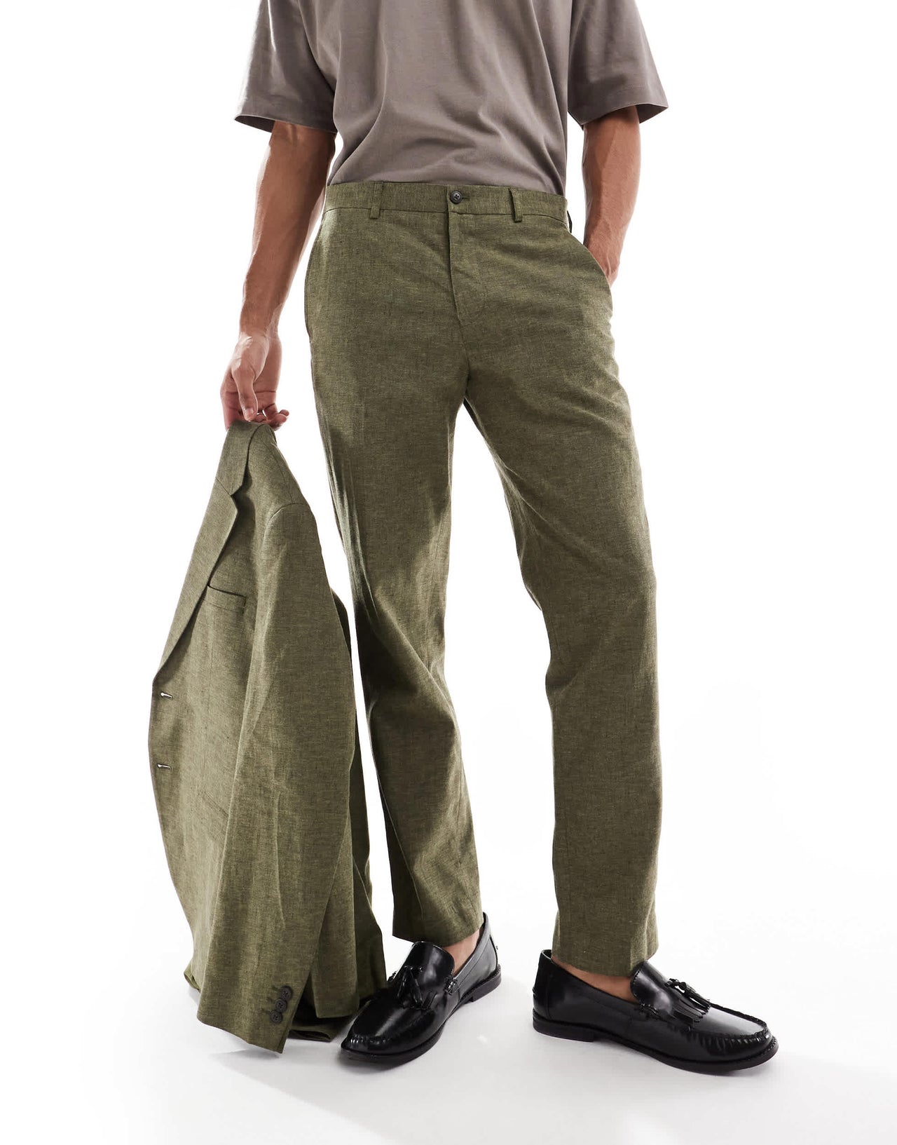 Jack & Jones Premium linen mix suit trouser in olive green