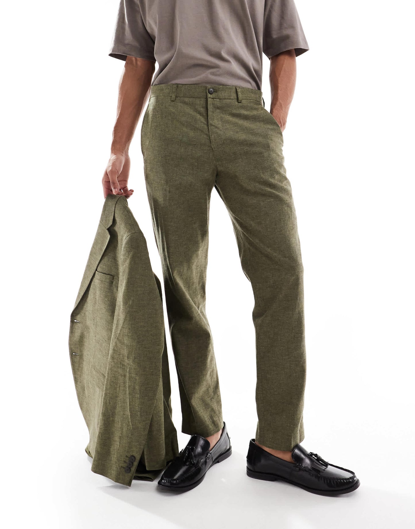 Jack & Jones Premium linen mix suit trouser in olive green