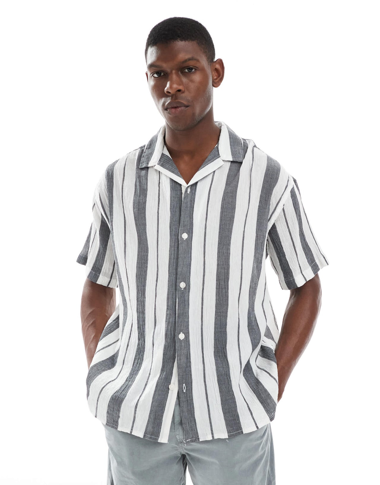 Jack & Jones oversized revere collar stripe shirt in navy