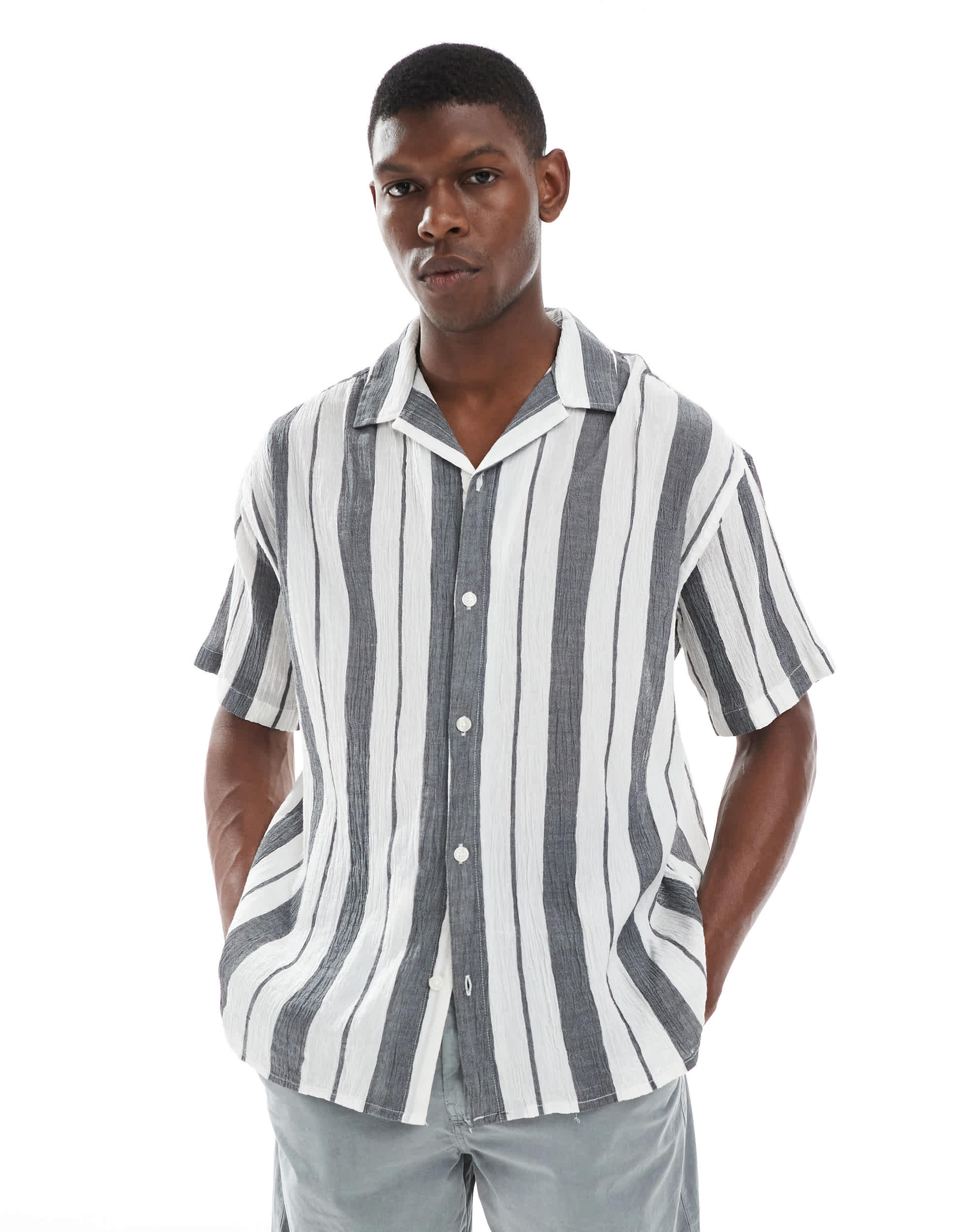 Jack & Jones oversized revere collar stripe shirt in navy
