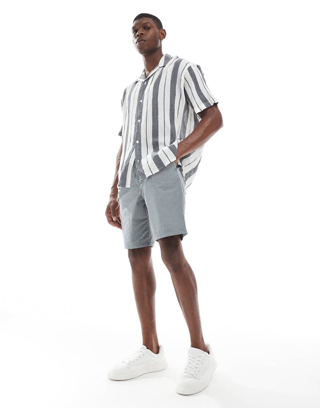 Jack & Jones oversized revere collar stripe shirt in navy