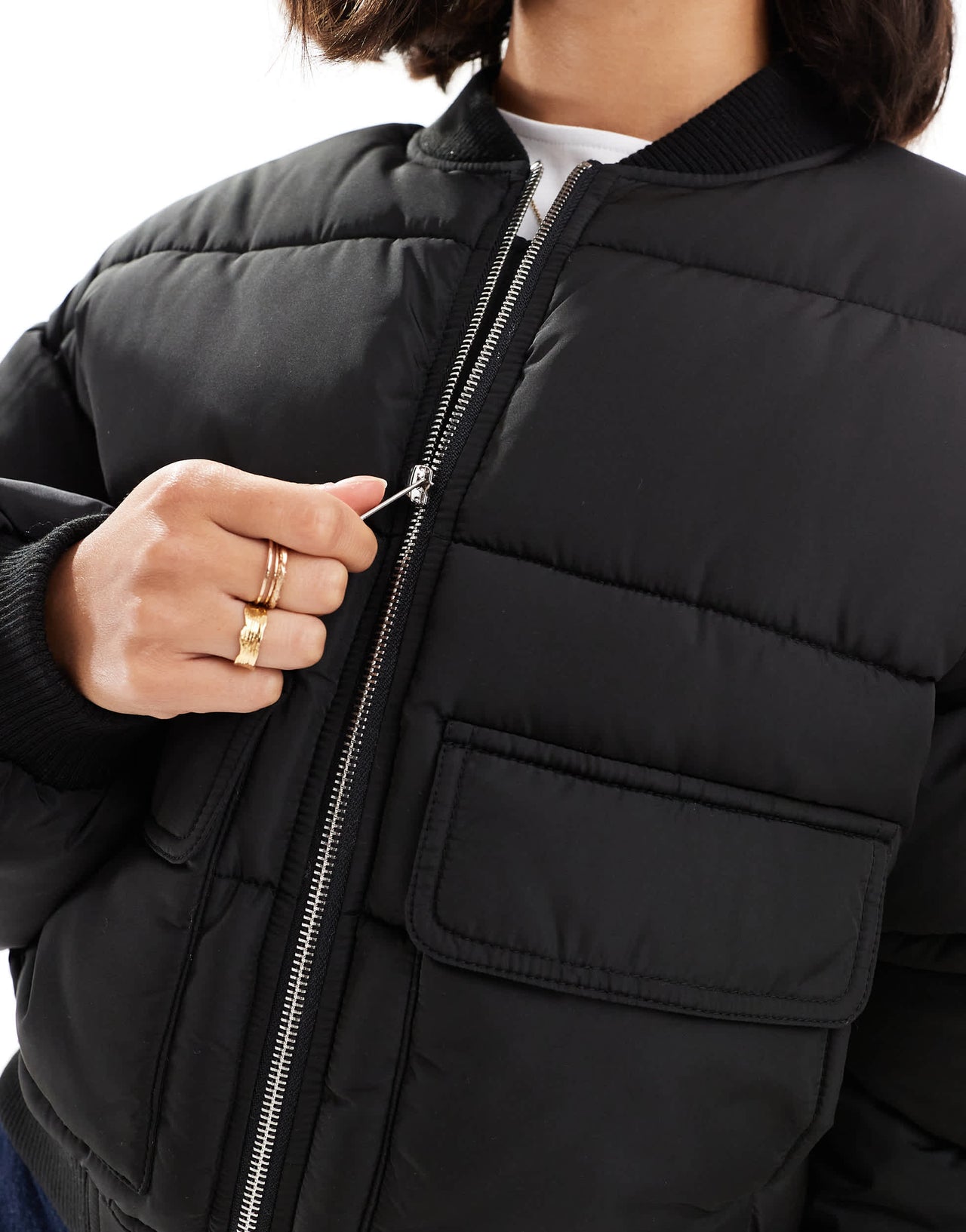 Miss Selfridge puffer bomber jacket in black