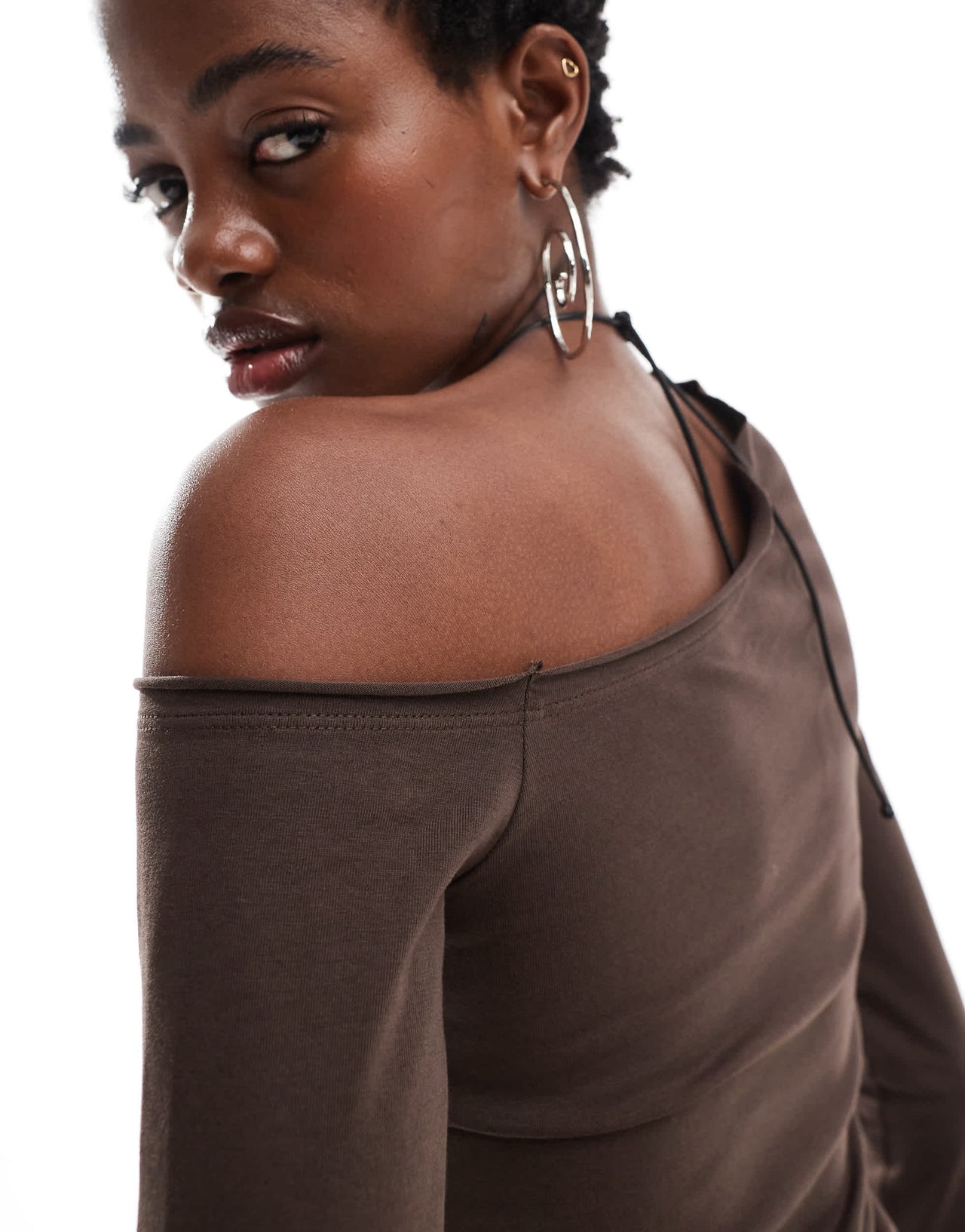 COLLUSION one shoulder long sleeve mini dress in brown