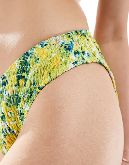 Reclaimed Vintage hipster bikini bottom in yellow blurred crinkle floral print