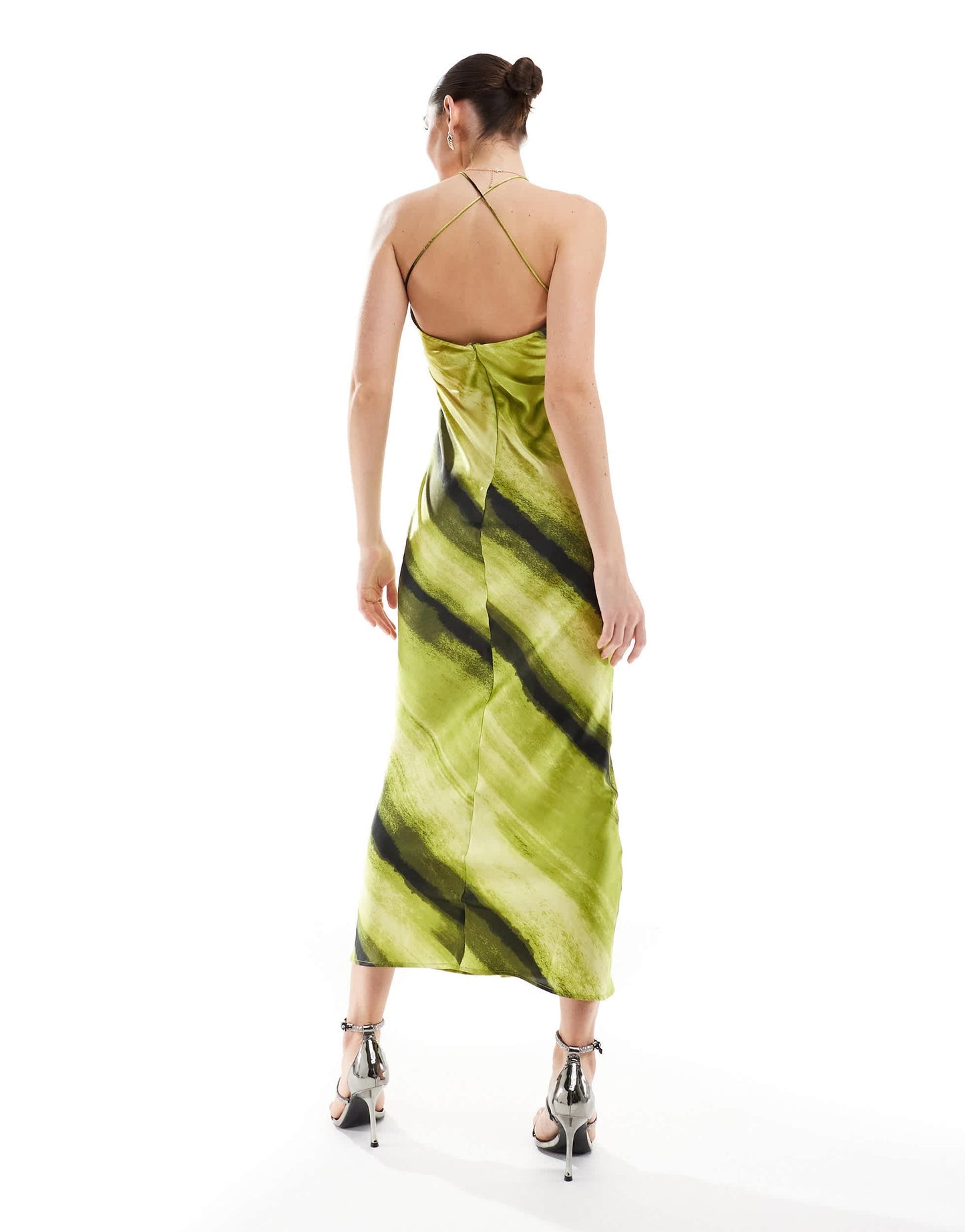 ASOS DESIGN satin halter neck maxi dress with gathered bust and keyhole split in green abstract stripe