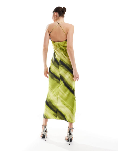 ASOS DESIGN satin halter neck maxi dress with gathered bust and keyhole split in green abstract stripe