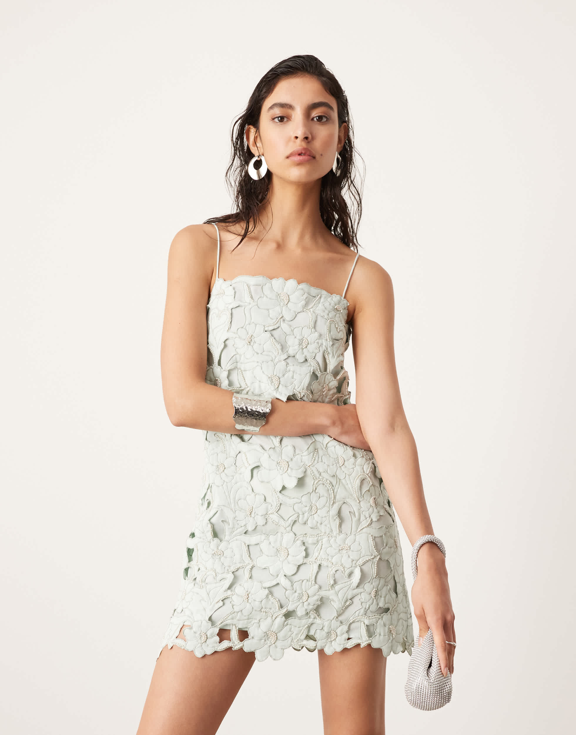 ASOS EDITION floral cutwork cami shift mini dress in light green