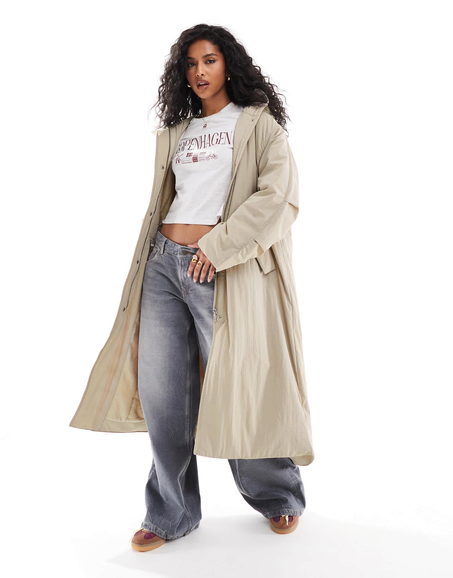 ASOS DESIGN clean longline puffer coat with hood in ice grey