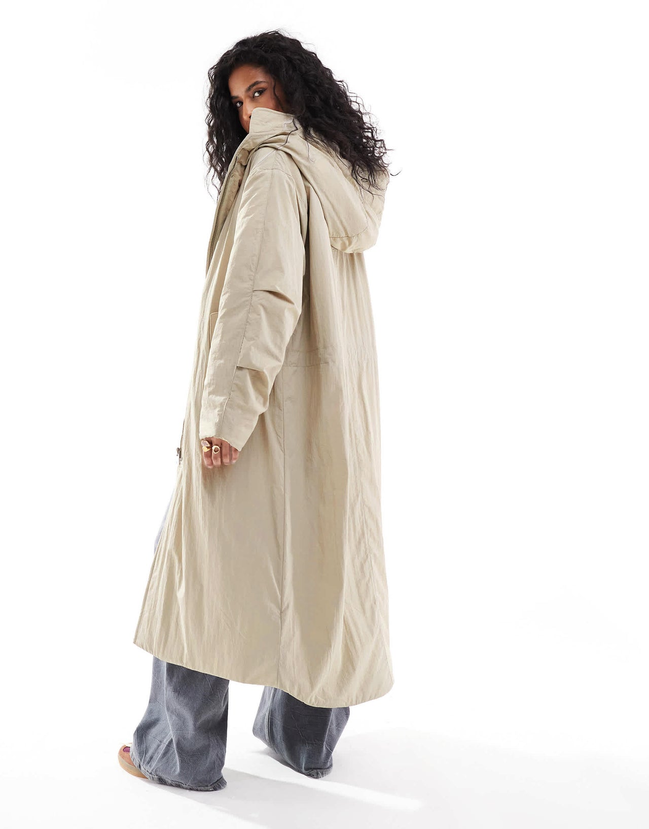 ASOS DESIGN clean longline puffer coat with hood in ice grey
