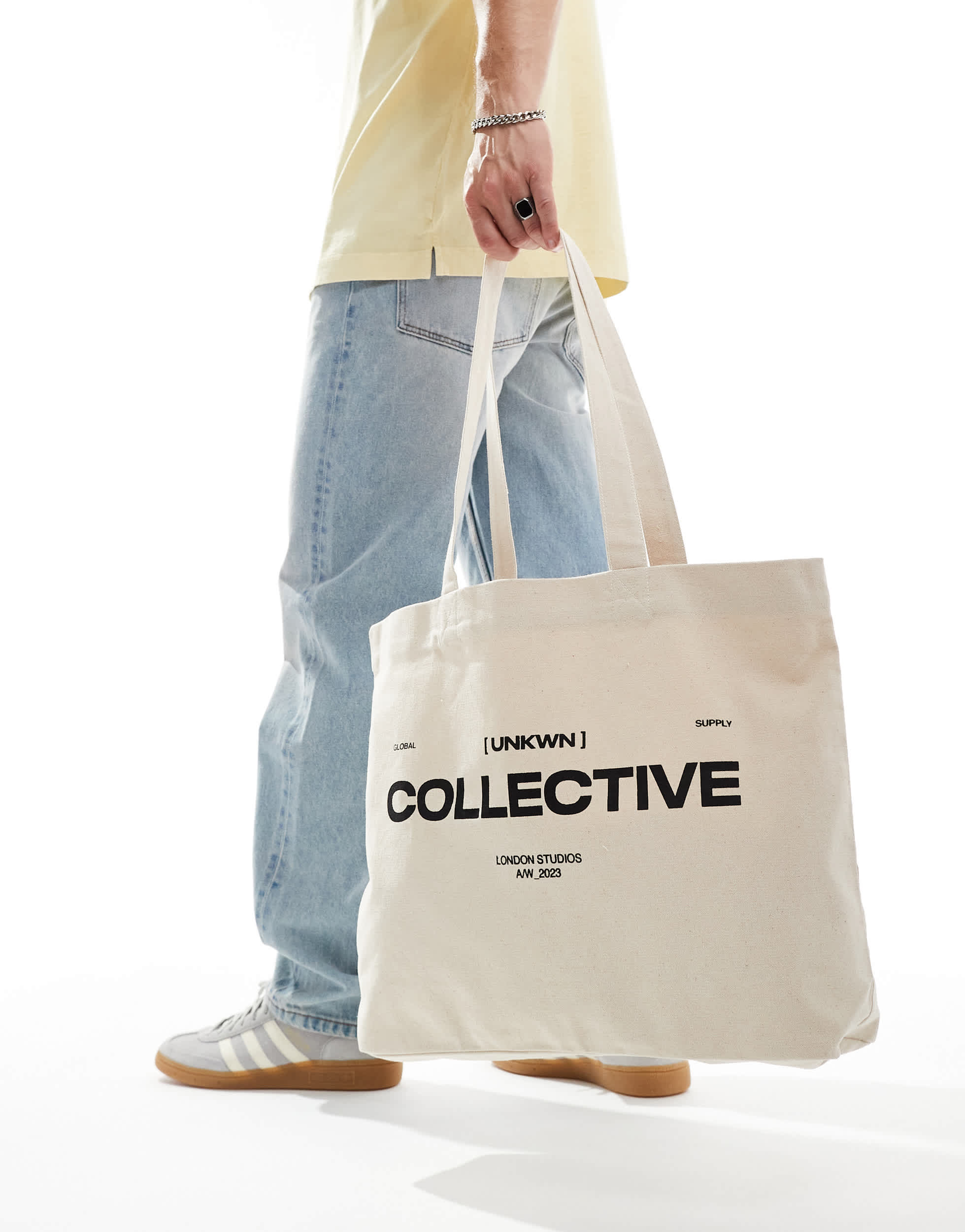 ASOS DESIGN heavyweight cotton tote bag with collective graphic in ecru
