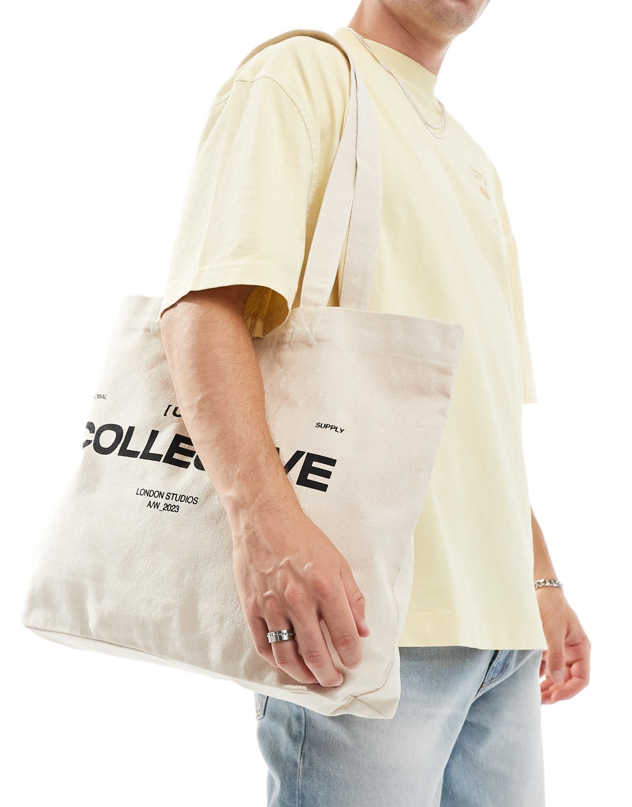 ASOS DESIGN heavyweight cotton tote bag with collective graphic in ecru