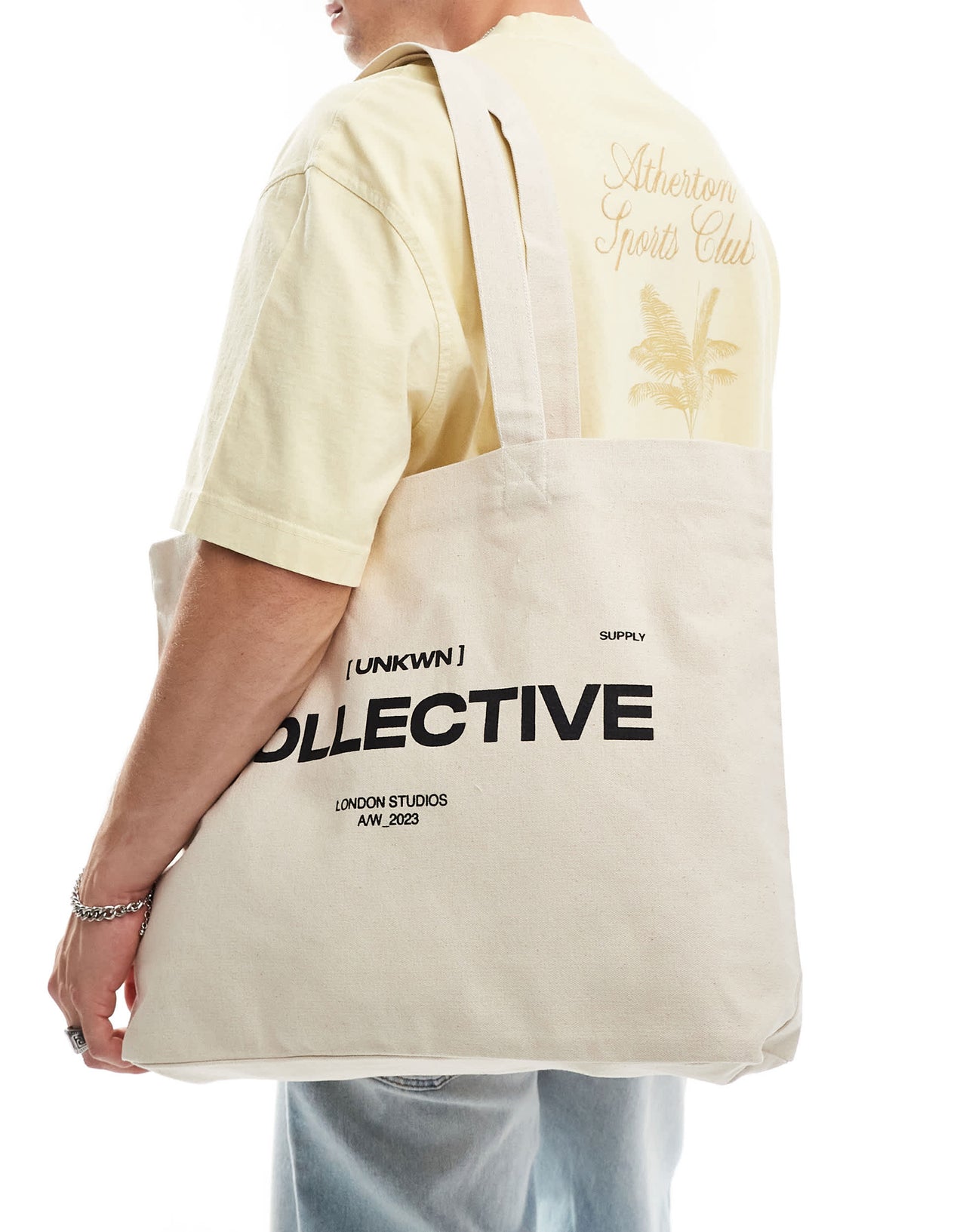 ASOS DESIGN heavyweight cotton tote bag with collective graphic in ecru