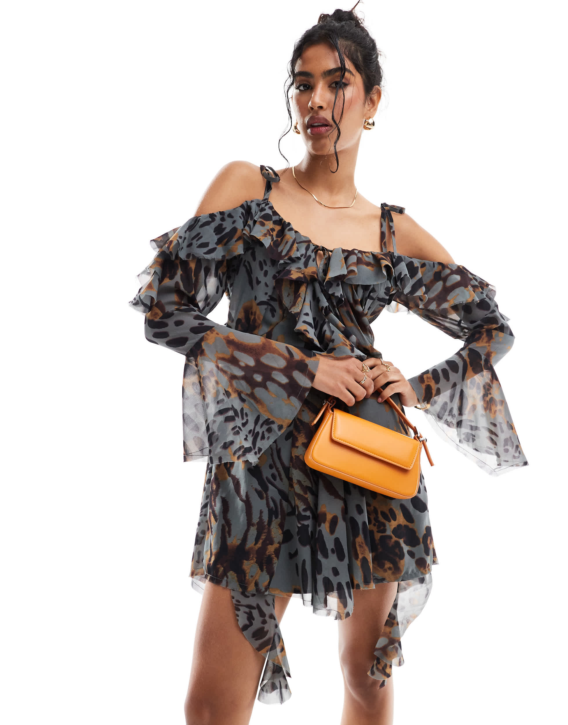 ASOS DESIGN ragged edge mini dress with godets and under layer frills in animal print