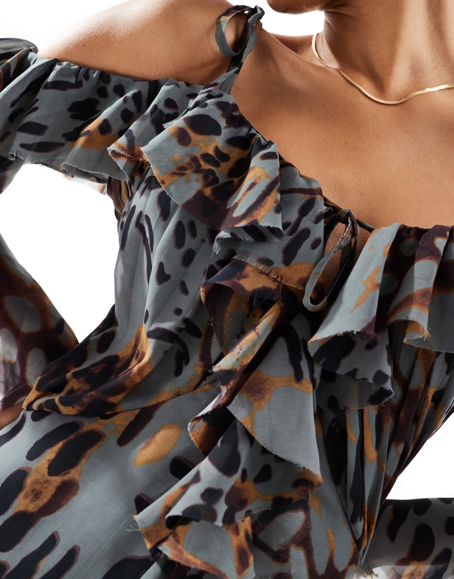 ASOS DESIGN ragged edge mini dress with godets and under layer frills in animal print