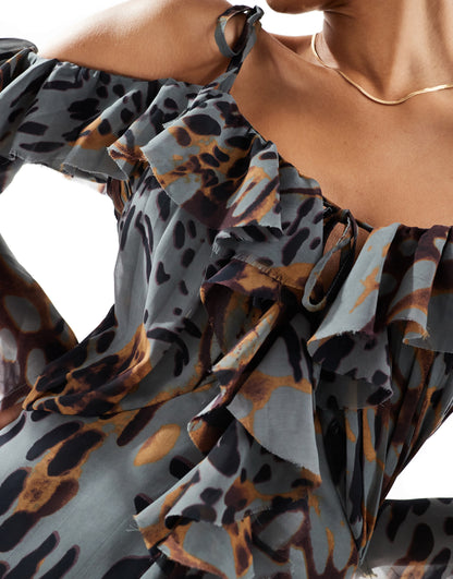 ASOS DESIGN ragged edge mini dress with godets and under layer frills in animal print