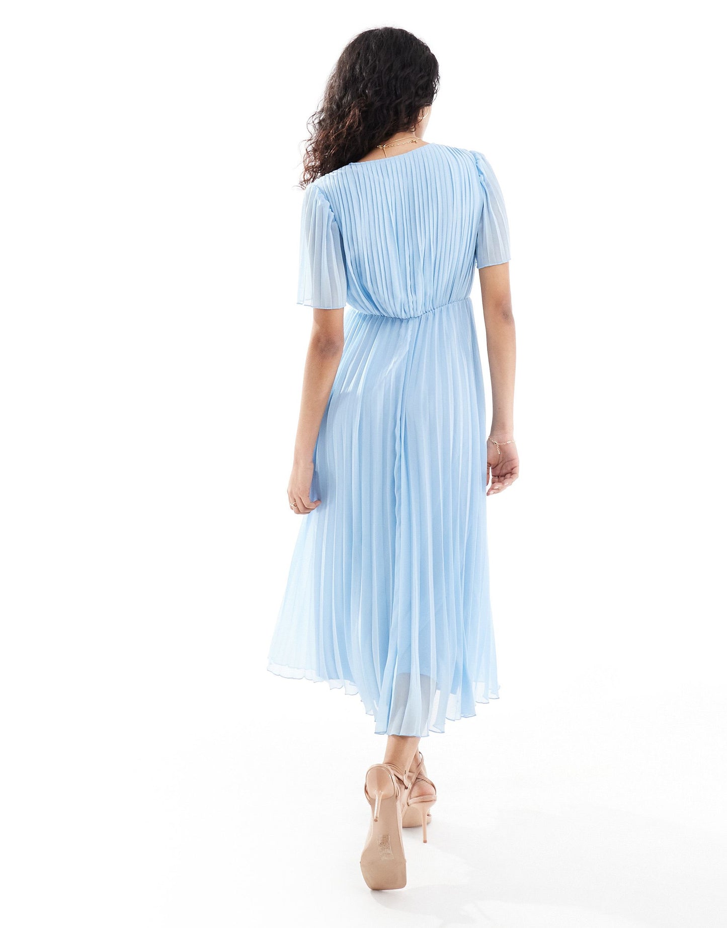 ASOS DESIGN pleated bodice flutter sleeve pleat midi dress in dusky blue