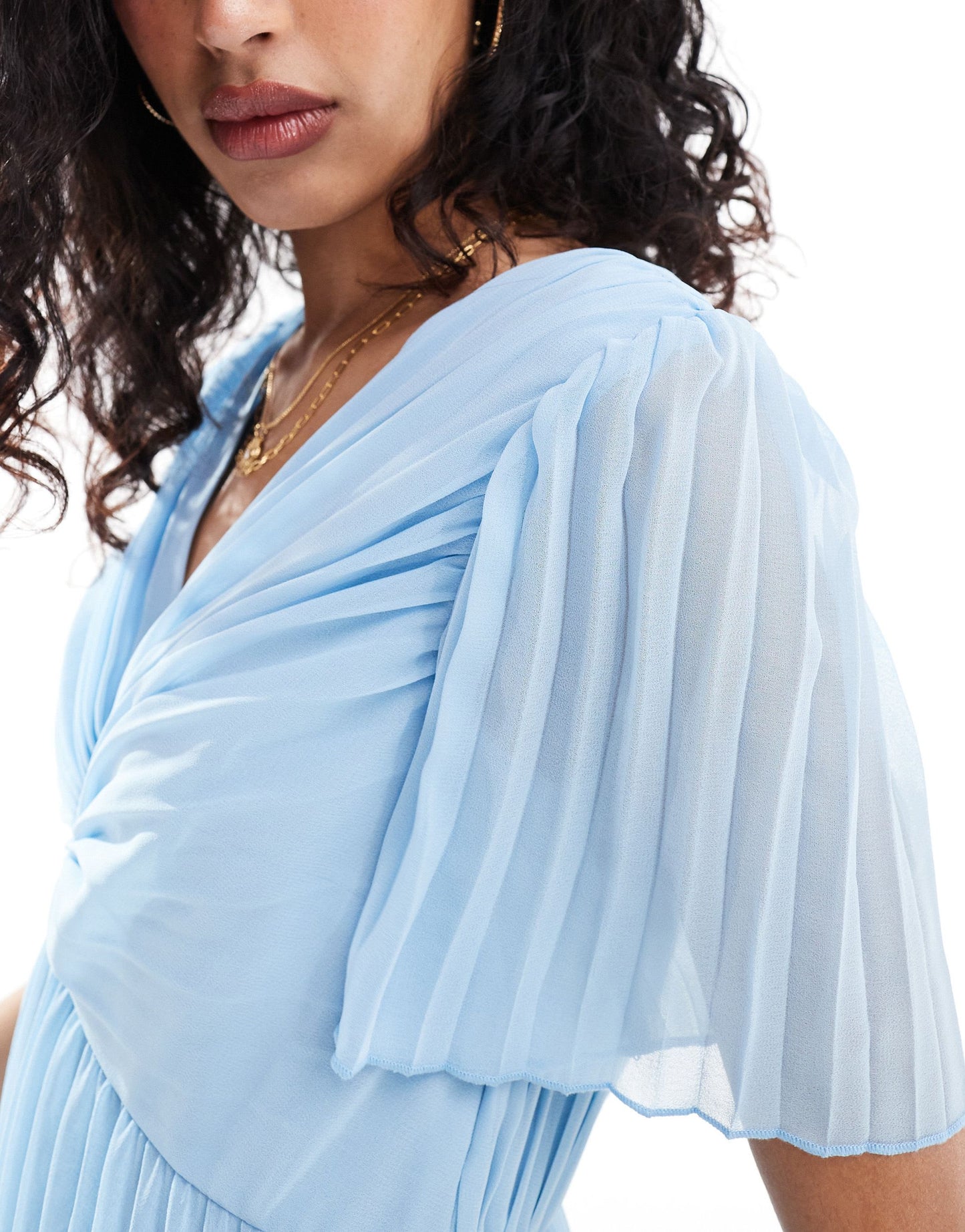 ASOS DESIGN pleated bodice flutter sleeve pleat midi dress in dusky blue