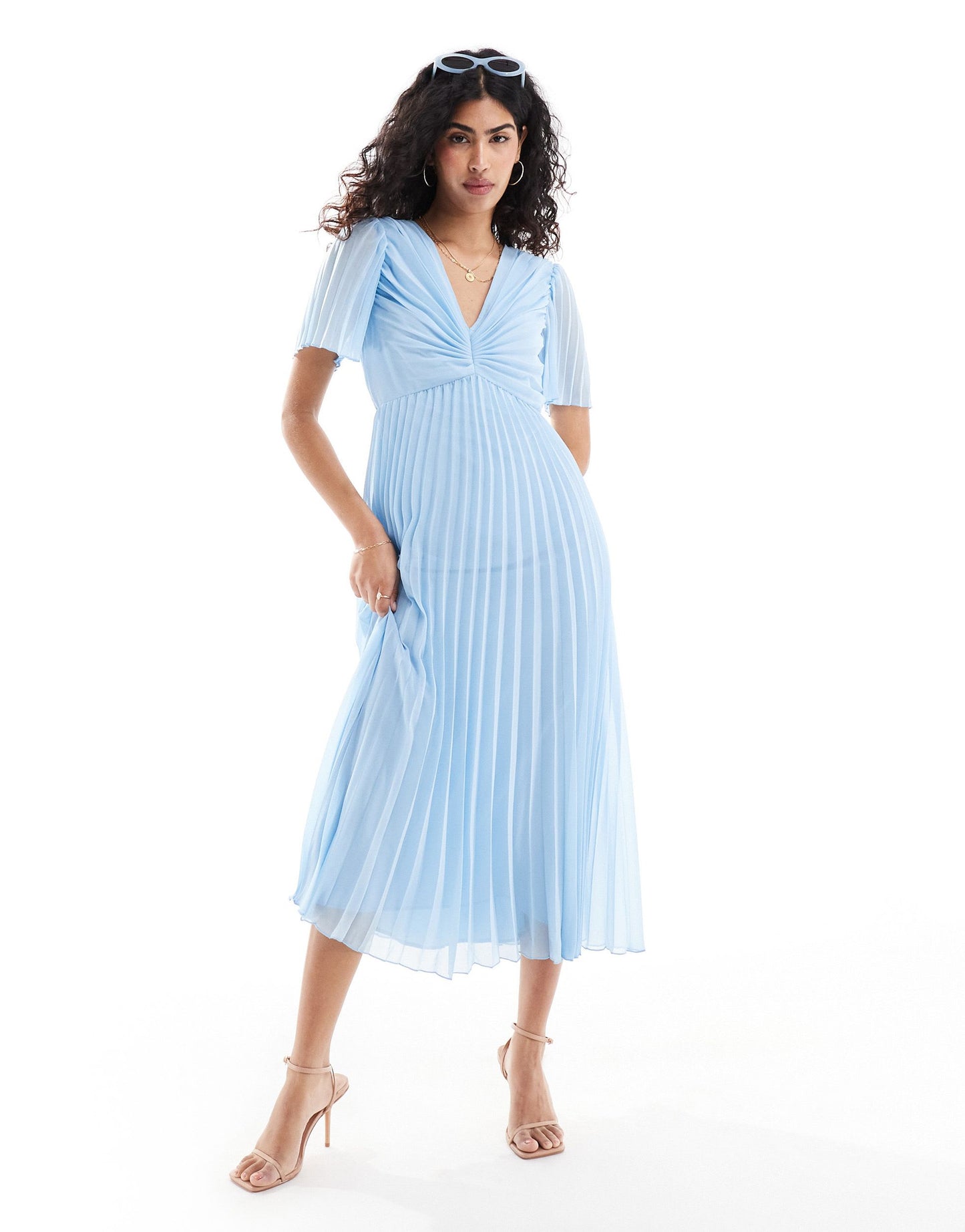 ASOS DESIGN pleated bodice flutter sleeve pleat midi dress in dusky blue
